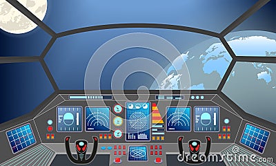 Spaceship cabin interior. Space background with planets: earth and moon. Spacecraft panel or dashboard. Vector illustration Vector Illustration